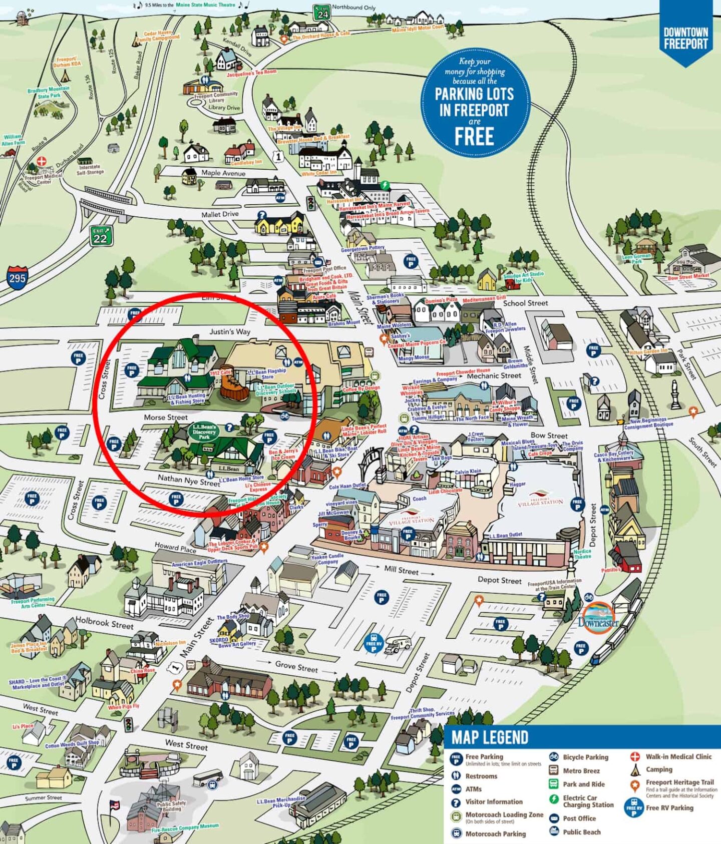 Retail shopping map for Freeport, Maine.
