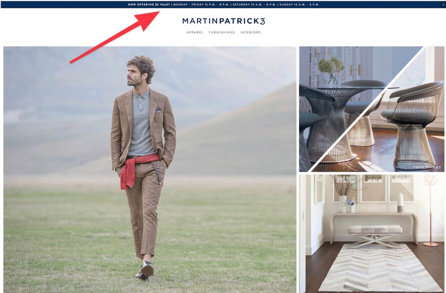 Martin Patrick's website showing a banner message with a $5 offer for valet parking.
