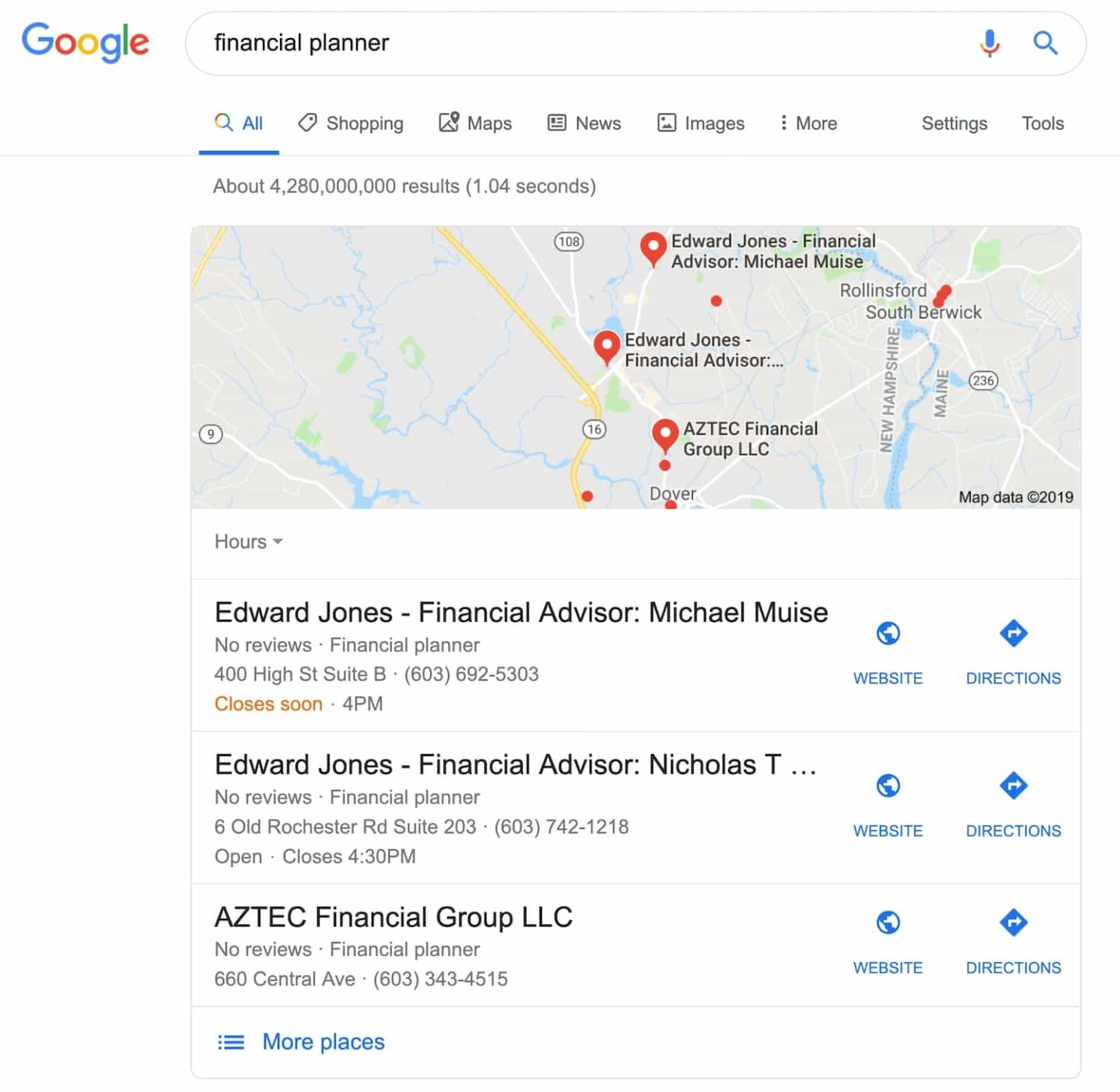 Google MyBusiness local map pack search results for "financial planner."