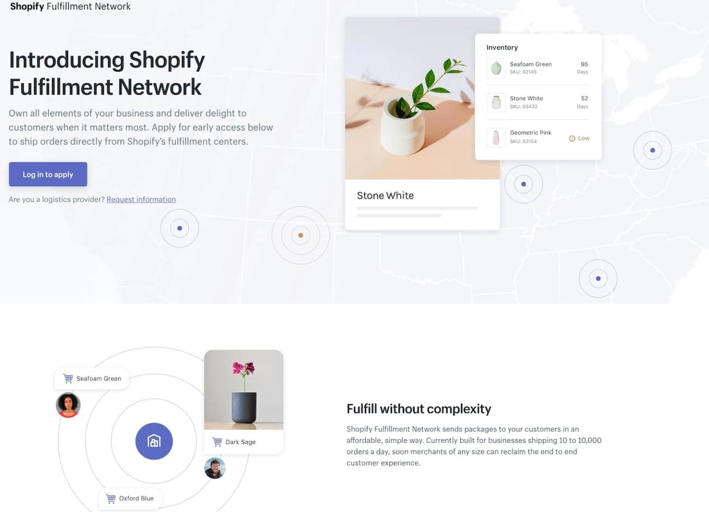 Shopify's website showing a landing page for its fulfillment network.