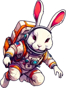 A white rabbit astronaut explores outer space.