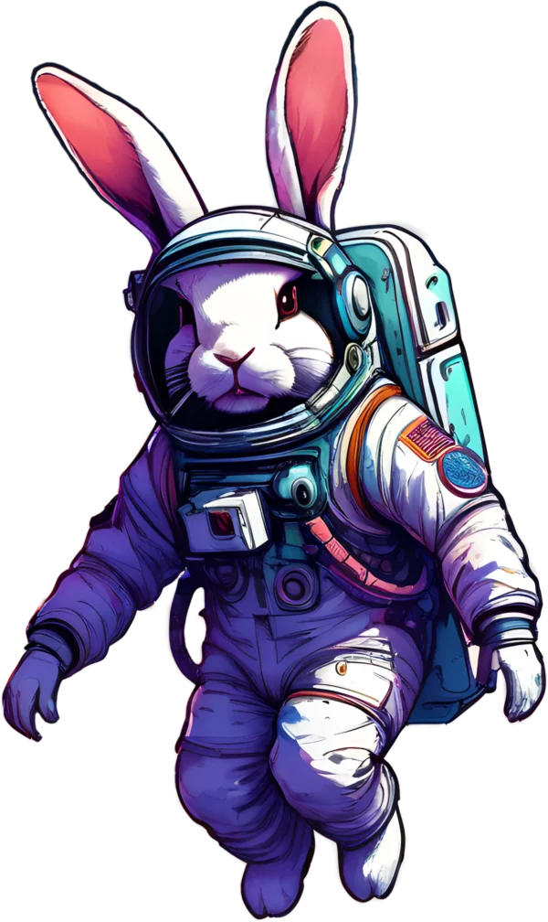 LEAP WORKS white rabbit floats in outer space.