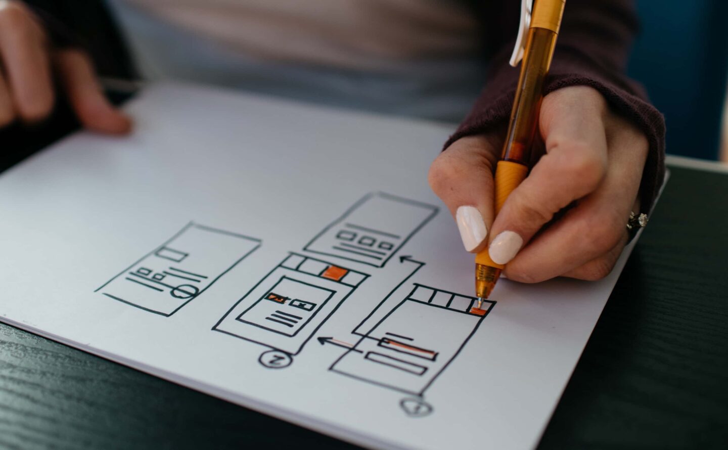 A woman draws a customer journey map for an application.