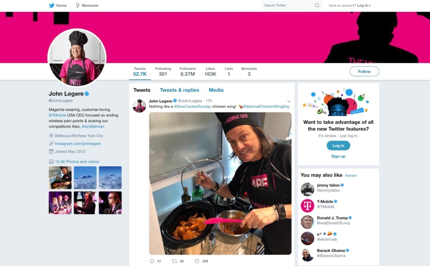Screenshot of T-Mobile CEO John Legere's Twitter account. Circa July 2019.