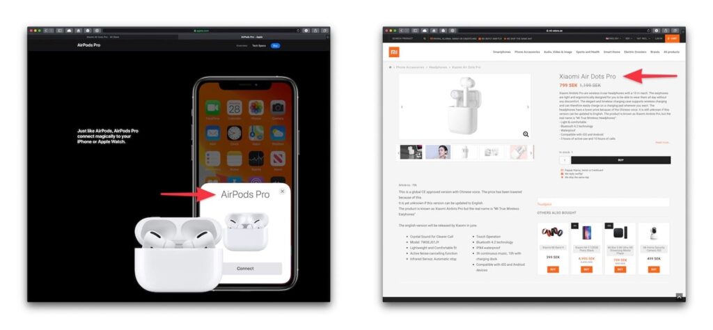 Apple's AirPods Pro next to Xiaomi's AirDots Pro.