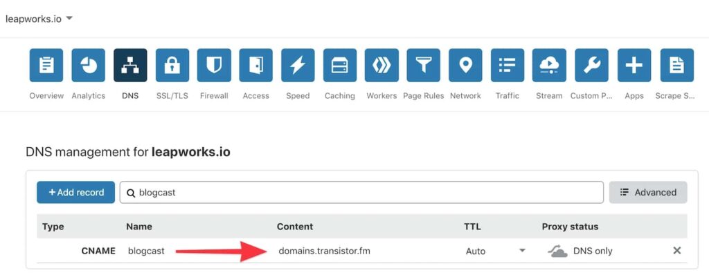 The CNAME record for LEAP WORKS blog audio at Transistor.