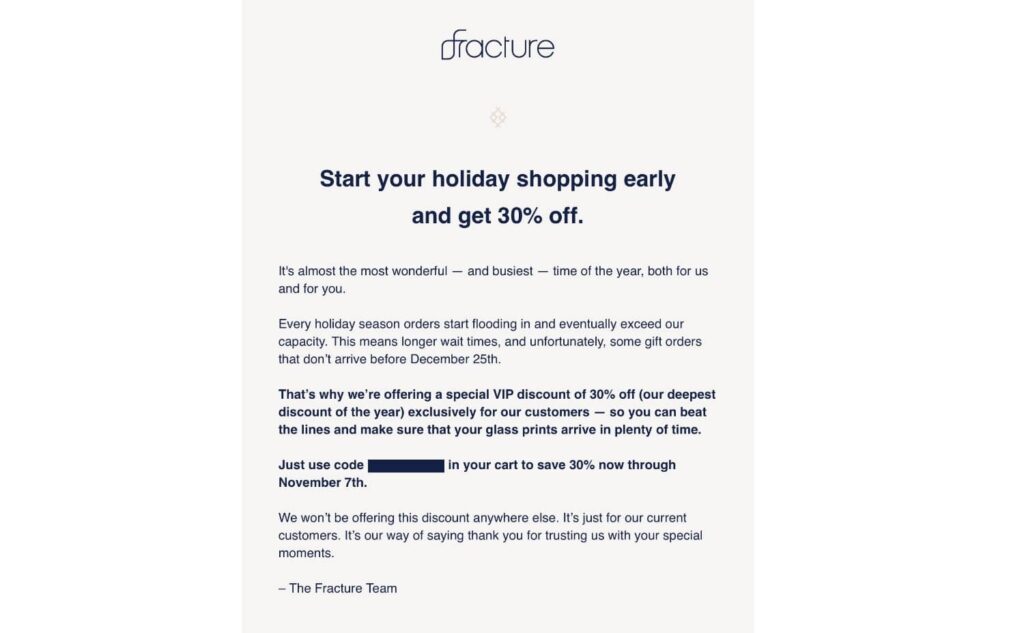 A marketing email from Fracture with a rarely offered discount.