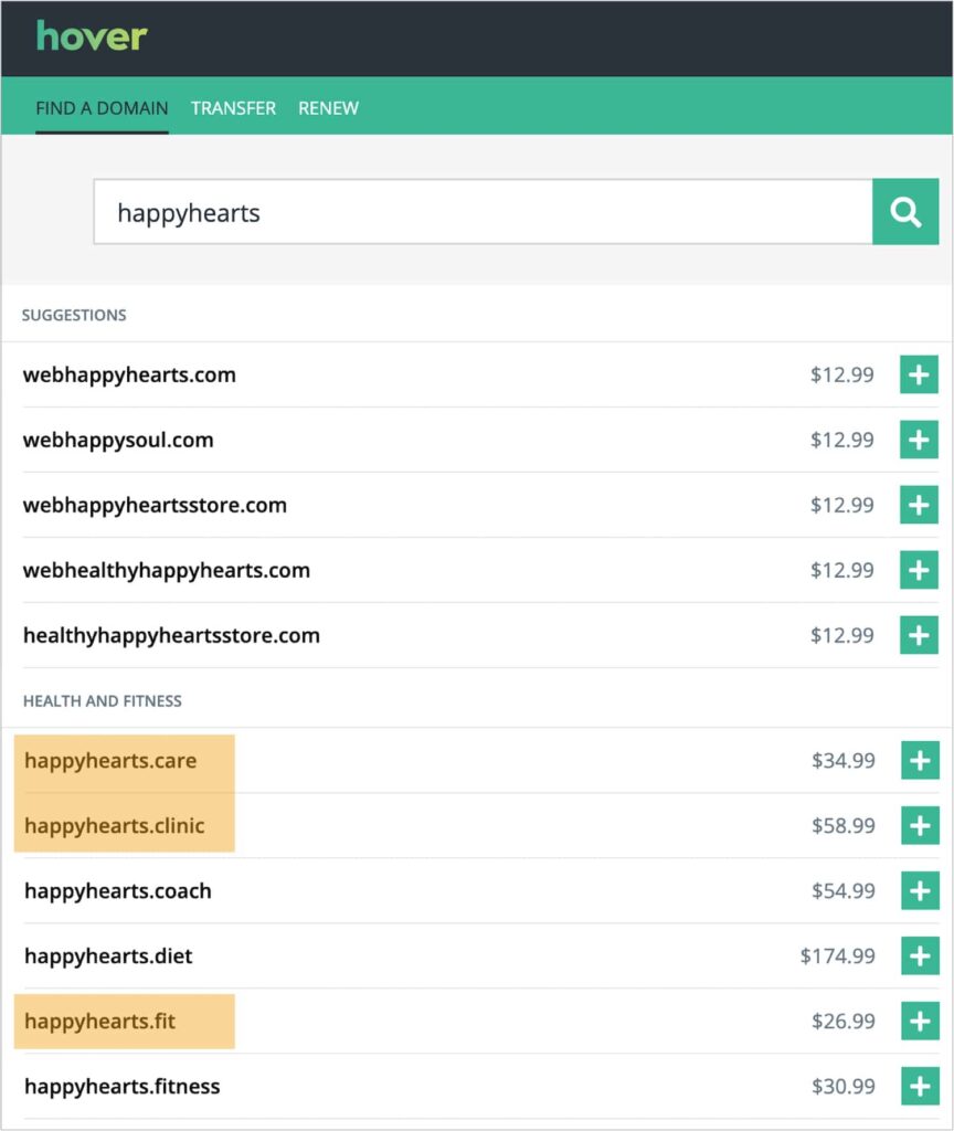 Domain search results for "Happy Hearts" brand identity.