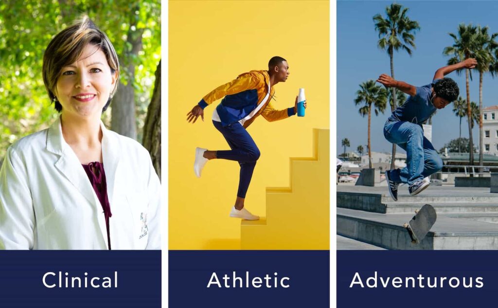 Three different types of images: clinical, athletic, and adventurous.