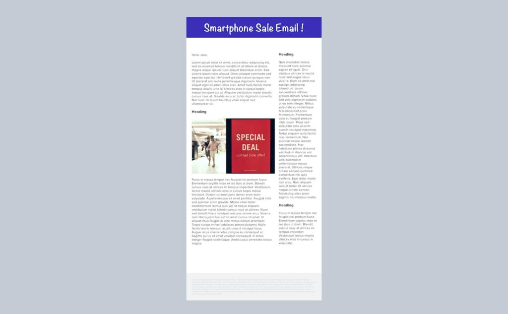 Multi-column email as seen on a smartphone with small text.