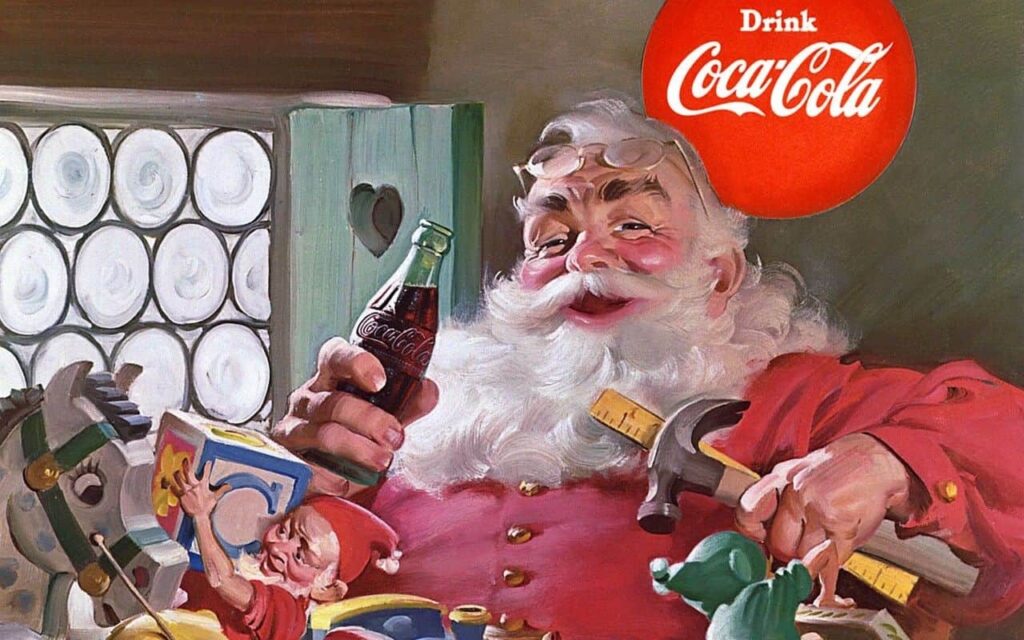 Coca-Cola advertisement with Santa Claus, illustrated by Norman Rockwell.